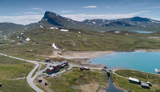 Aerial view of Bygdin Høifieldshotel in Norway