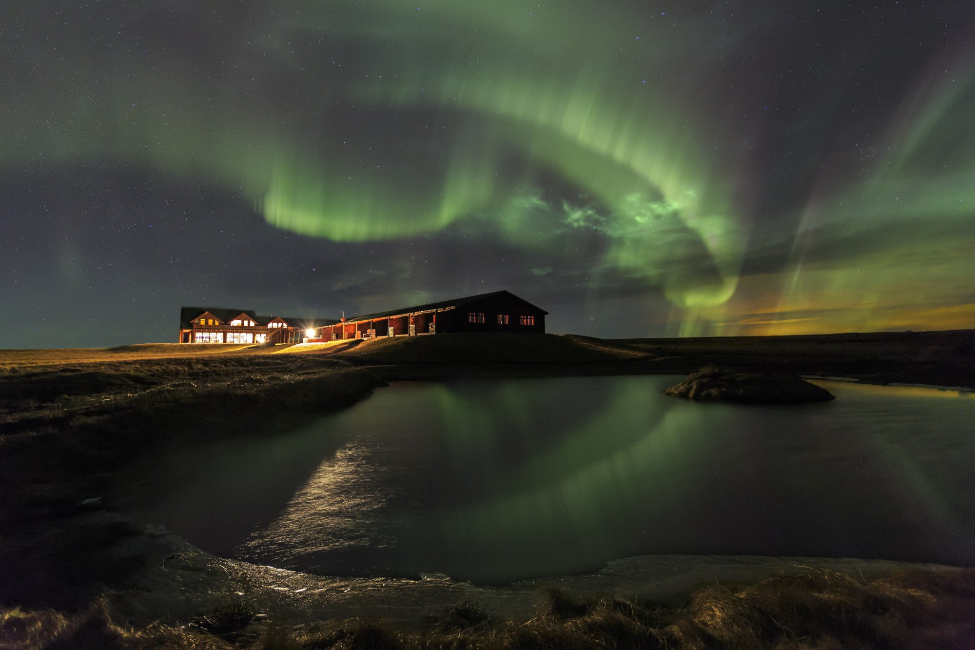 Northern Lights over Hotel Ranga in South Iceland