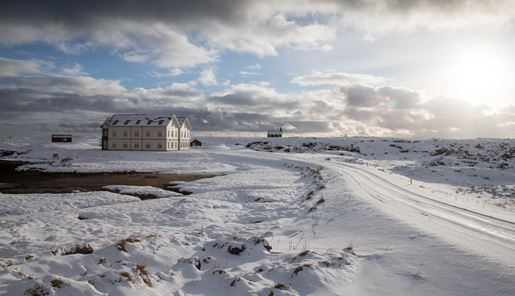Wintery exterior of Hotel Budir in West Iceland