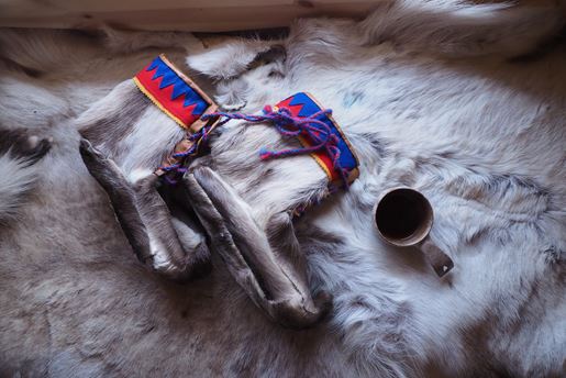 Traditional Sami boots made from reindeer skin and fur in Finnish Lapland