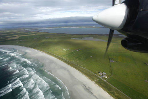 Aerial view of a beach on Orkney in Scotland, flying from North Ronaldsay to Kirkwall