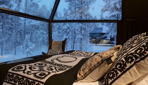 Winter view of the bedroom at Aurora Queen resort, Finland