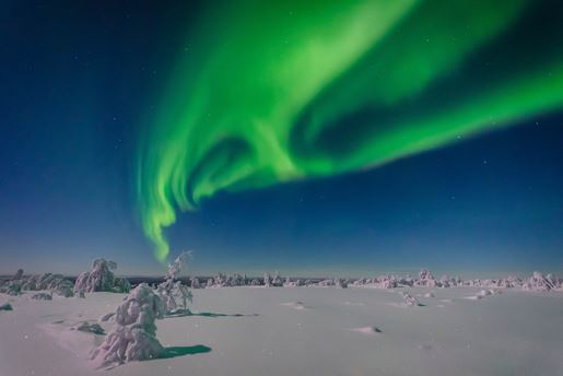 Northern Lights swirling over the snowy landscape below in winter