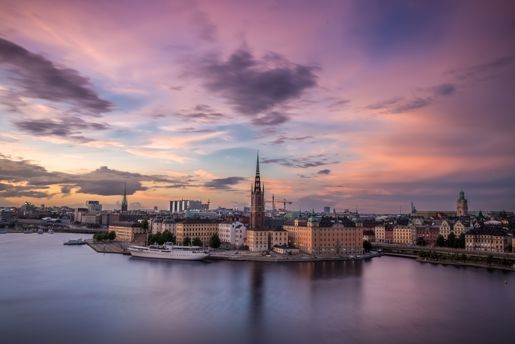 View of the Mariaberget skyline at dusk in Sweden's capital city Stockholm