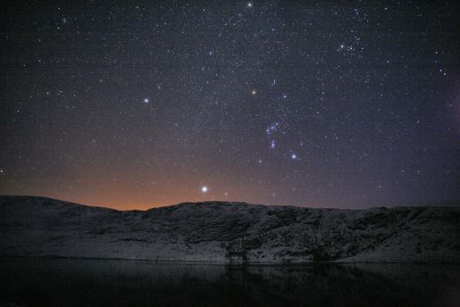 A clear starlit night over Loch Cluanie in the northwest Highlands of Scotland