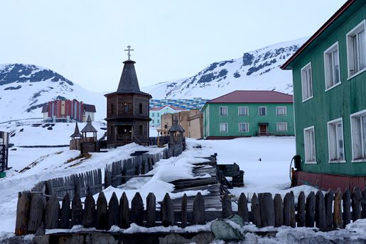 Snowy Barentsburg, a Russian settlement in Svalbard, near the North Pole